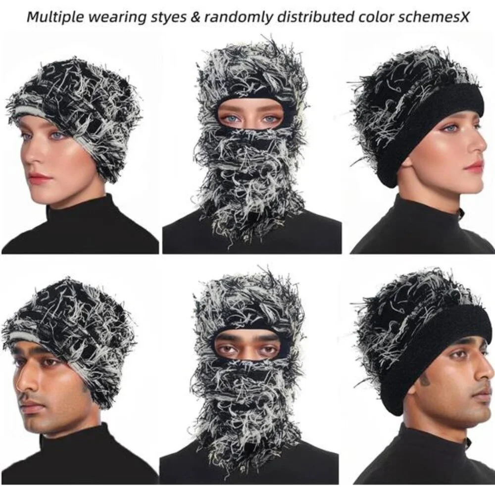 Distressed Balaclava Ski Mask, Knitted Full Face Mask for Men/Women